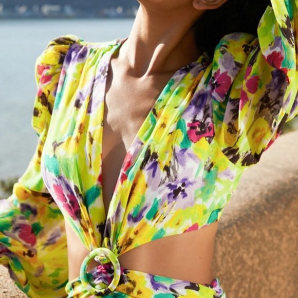 lantern sleeve cutout waist floral print dress summer vacay travel flirty sexy - Picture 4 of 6